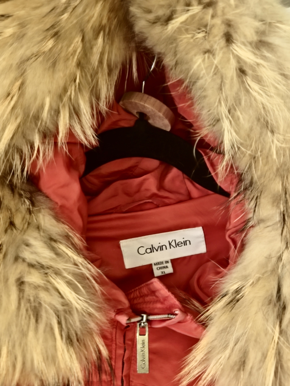 Calvin Klein Women's Red Puffer Coat with Fur Trim